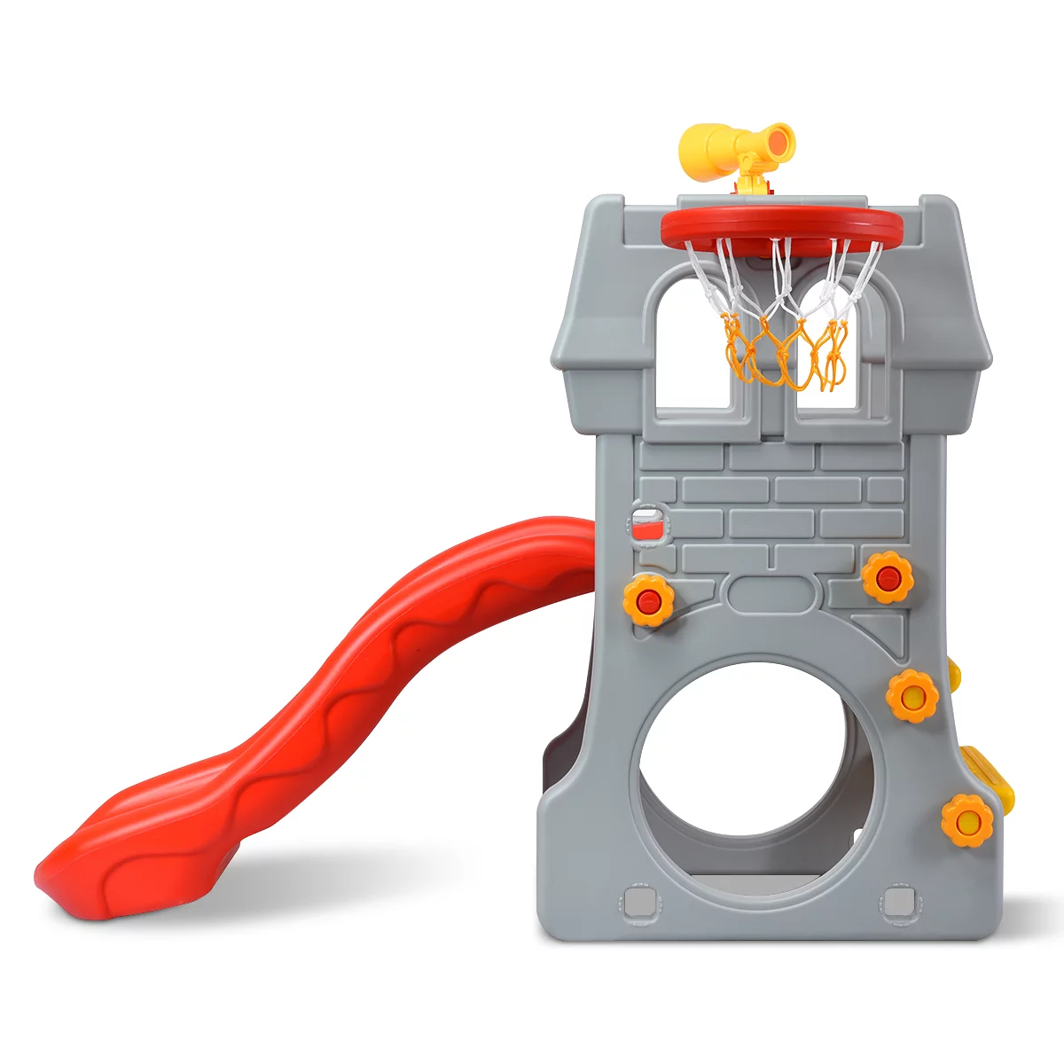 Children Castle Slide Play Slide with Basketball Hoop and Telescope Toy