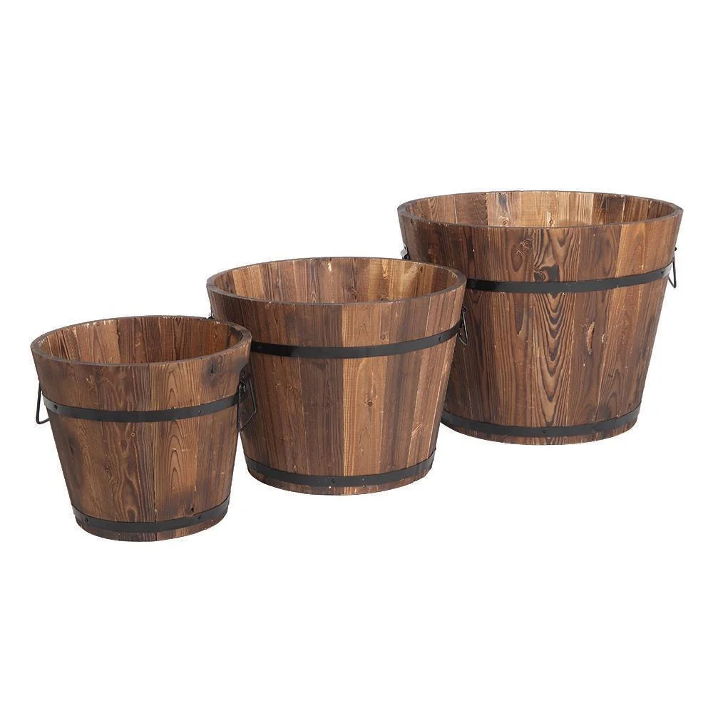 Set of 3 Wooden Pot Set Wood Barrels Garden Patio Outdoor Flower Plant Pots Yard