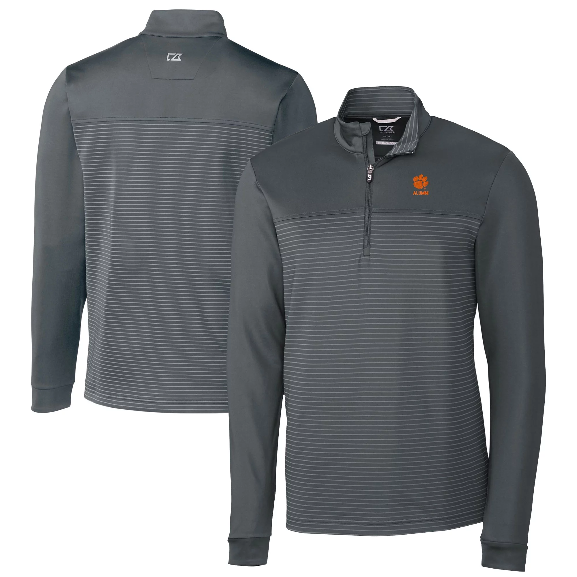 Men's Cutter & Buck  Gray Clemson Tigers Alumni Logo Traverse Stripe Stretch Quarter-Zip Pullover Top
