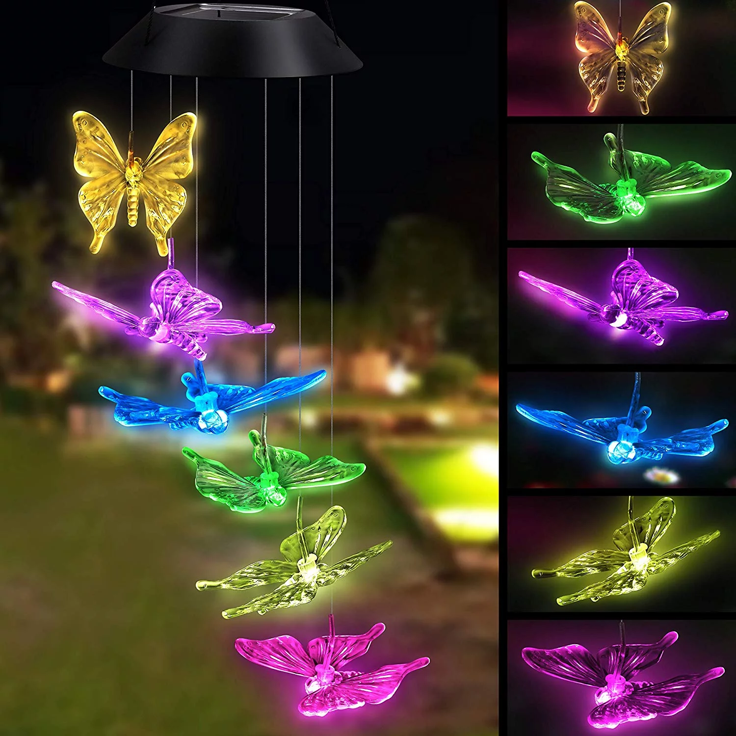 Solar Butterfly LED Wind Chimes Outdoor - Waterproof Solar Powered LED Changing Light Color 6 Butterflies Mobile Romantic Wind-Bell for Home, Party, Festival Decor, Night Garden Decoration