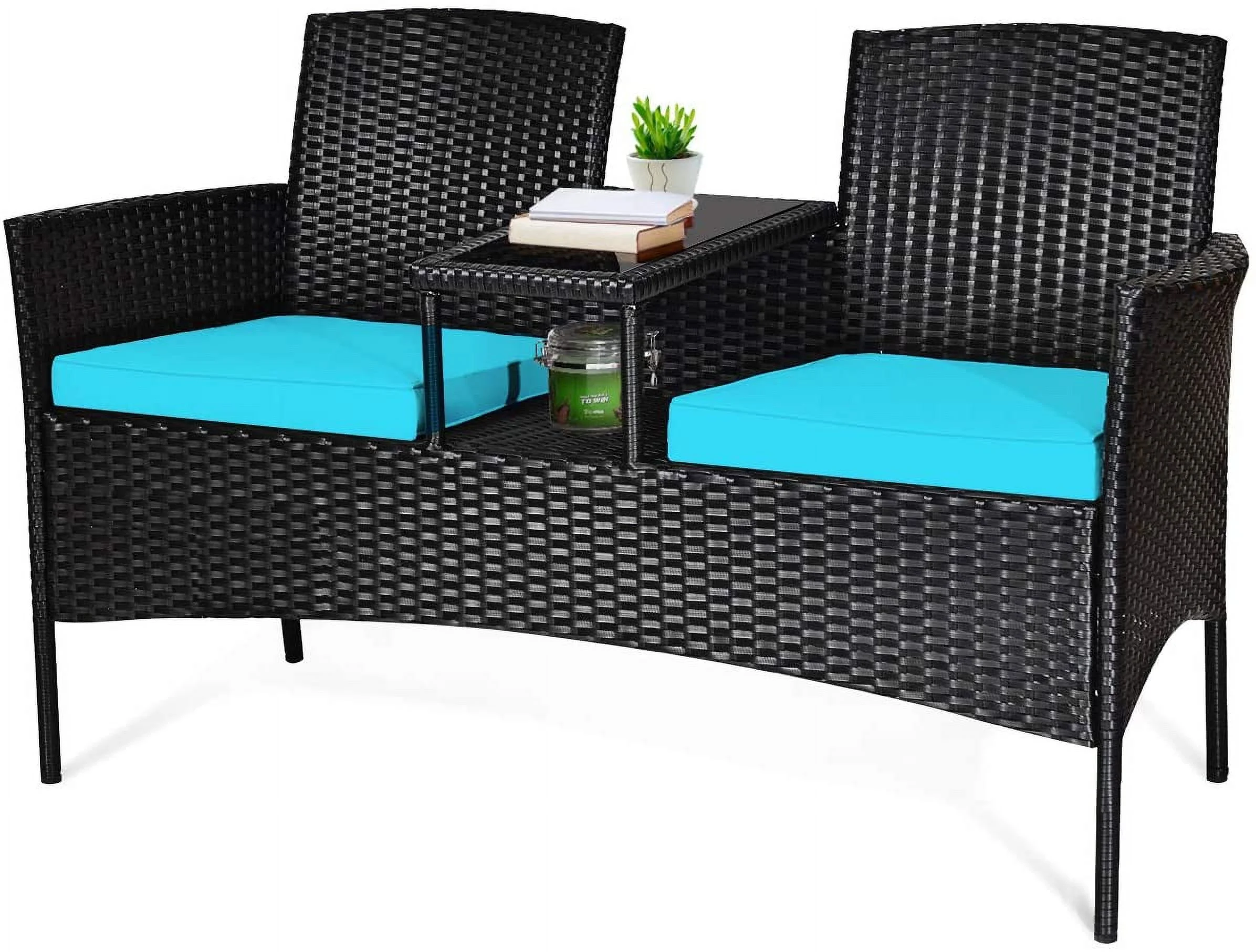 Wicker Patio Conversation Furniture Set, Outdoor Furniture Set with Removable Cushions & Table, Tempered Glass Top, Modern Rattan Bench for Garden Lawn Backyard (Turquoise)