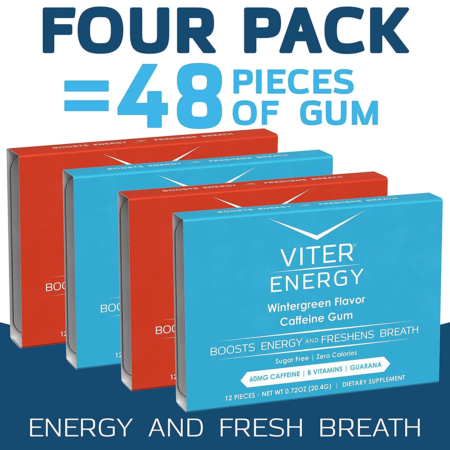 Viter Energy Chewing Gum 60mg Caffeine & B Vitamins, Wintergreen & Cinnamon Variety - 48 Count (4 Pack)