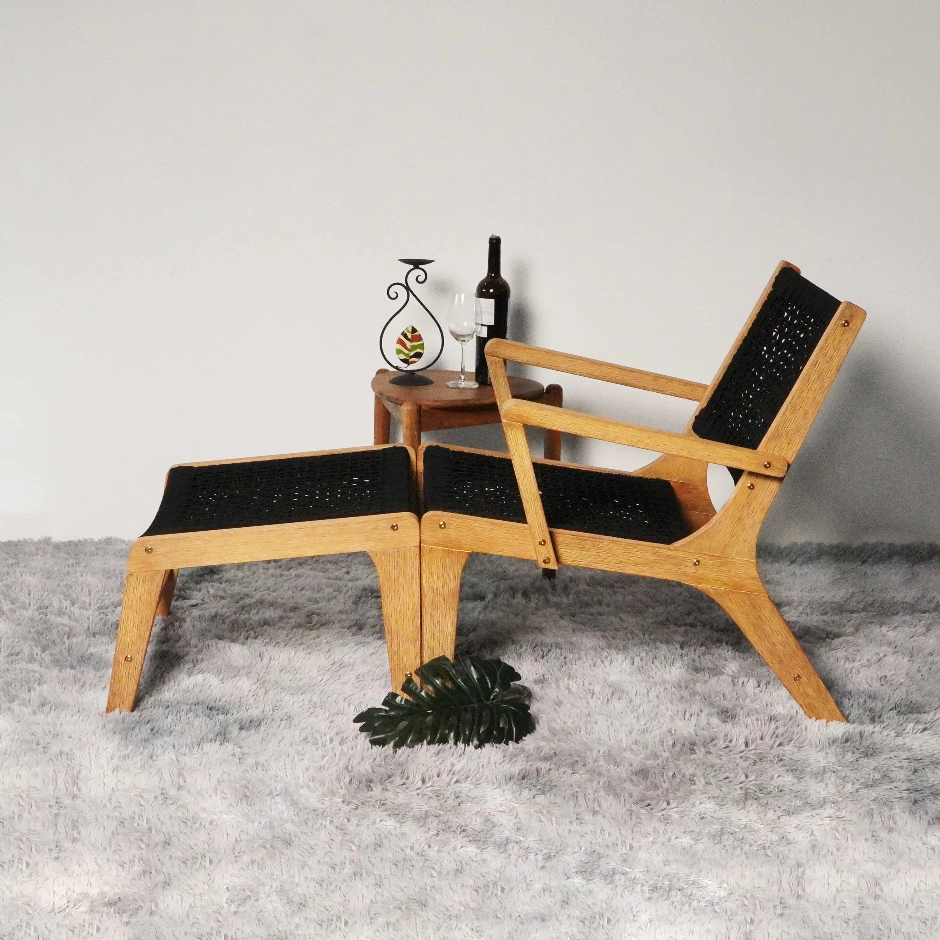 Lisbon Eucalyptus Wood Rope Patio Chair with Separated Ottoman