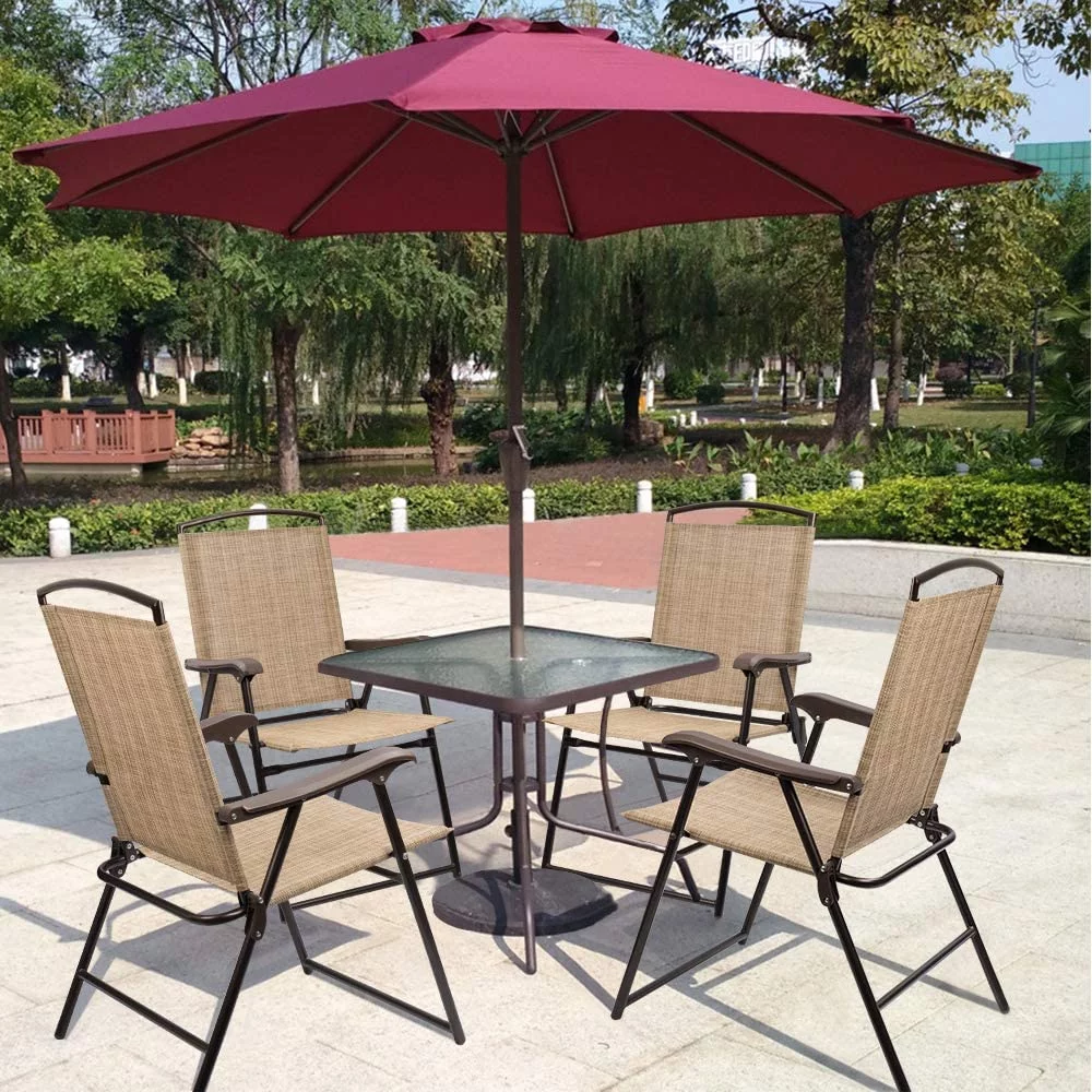 Patio Folding Chair Deck Sling Chair Camping Garden Pool Beach Using Chairs Space Saving Set of 2 (Beige)