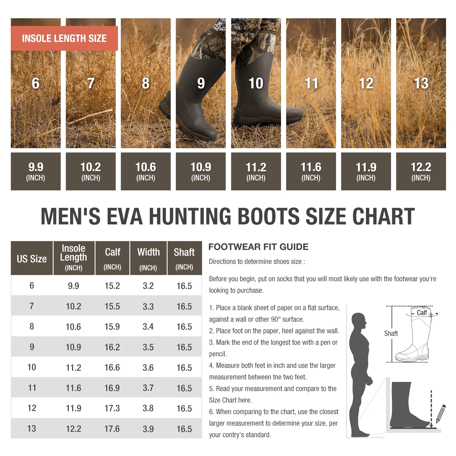 HISEA Rubber Rain Boots for Men, Waterproof Insulated Neoprene Hunting Boots, Durable Anti-Slip Outdoor Mud Boots for Hunting Gardening Farming Fishing Yard Working, Adjustable Calf, Size 10 Camo Acu