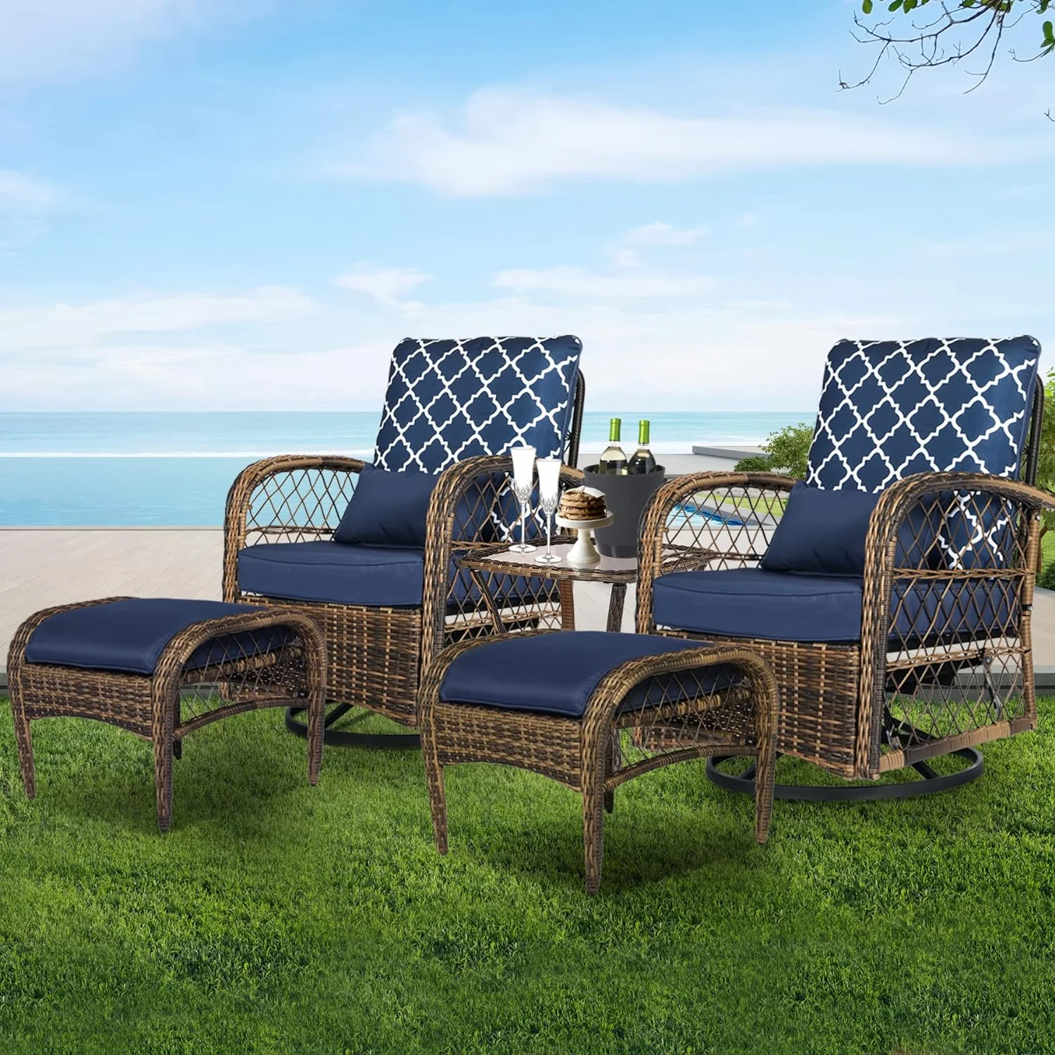 Dina 5 PCS Outdoor Swivel Rocker Rattan Chairs 360 Degree Patio Bistro Set with Thickened Cushions&Coffee Table  Porch Wicker Furniture Set with 2 Ottoman for Backyard  Balcony Blue