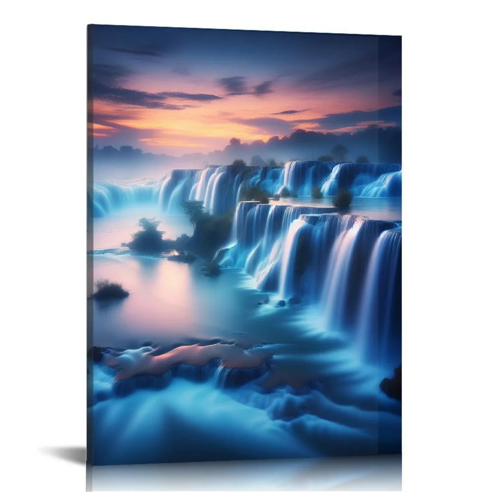 Lingy  - Landscape Canvas Wall Art for Home Decor Blue Waterfall Sunset The Picture Print On Canvas Seascape Wall Decor for Living Room,Ready to Hang