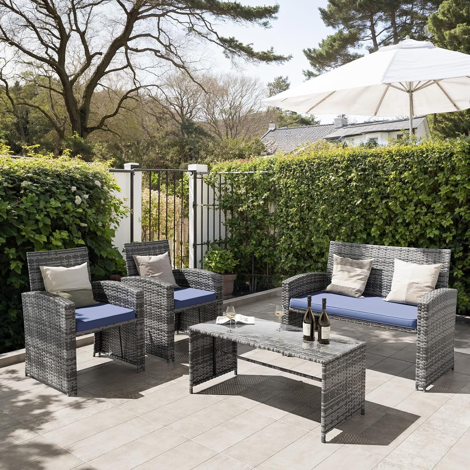 Dina 4 Pieces Patio Furniture Set  Outdoor Grey Rattan Wicker Conversation Sets Sectional Sofa with White Cushions for Balcony Porch Garden