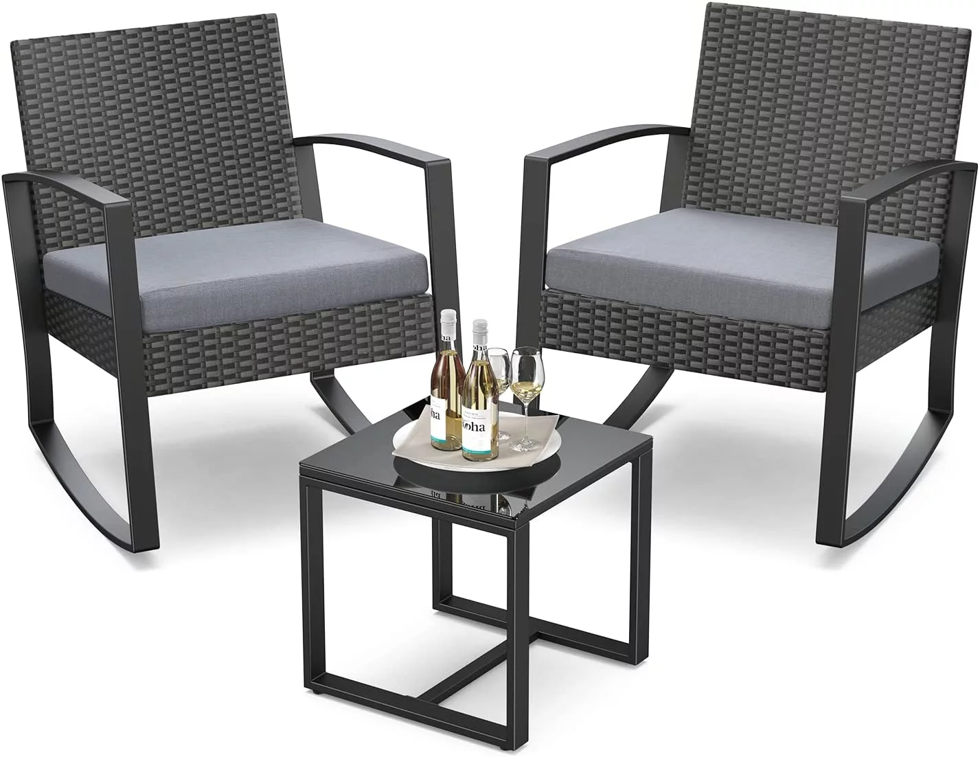 Qsun 3 Pieces Patio Furniture Set Patio Rocking Bistro Set Outdoor Patio Furniture Sets Rattan Conversation Sets with Coffee Table for Garden Balcony Backyard Poolside (Grey Cushion)