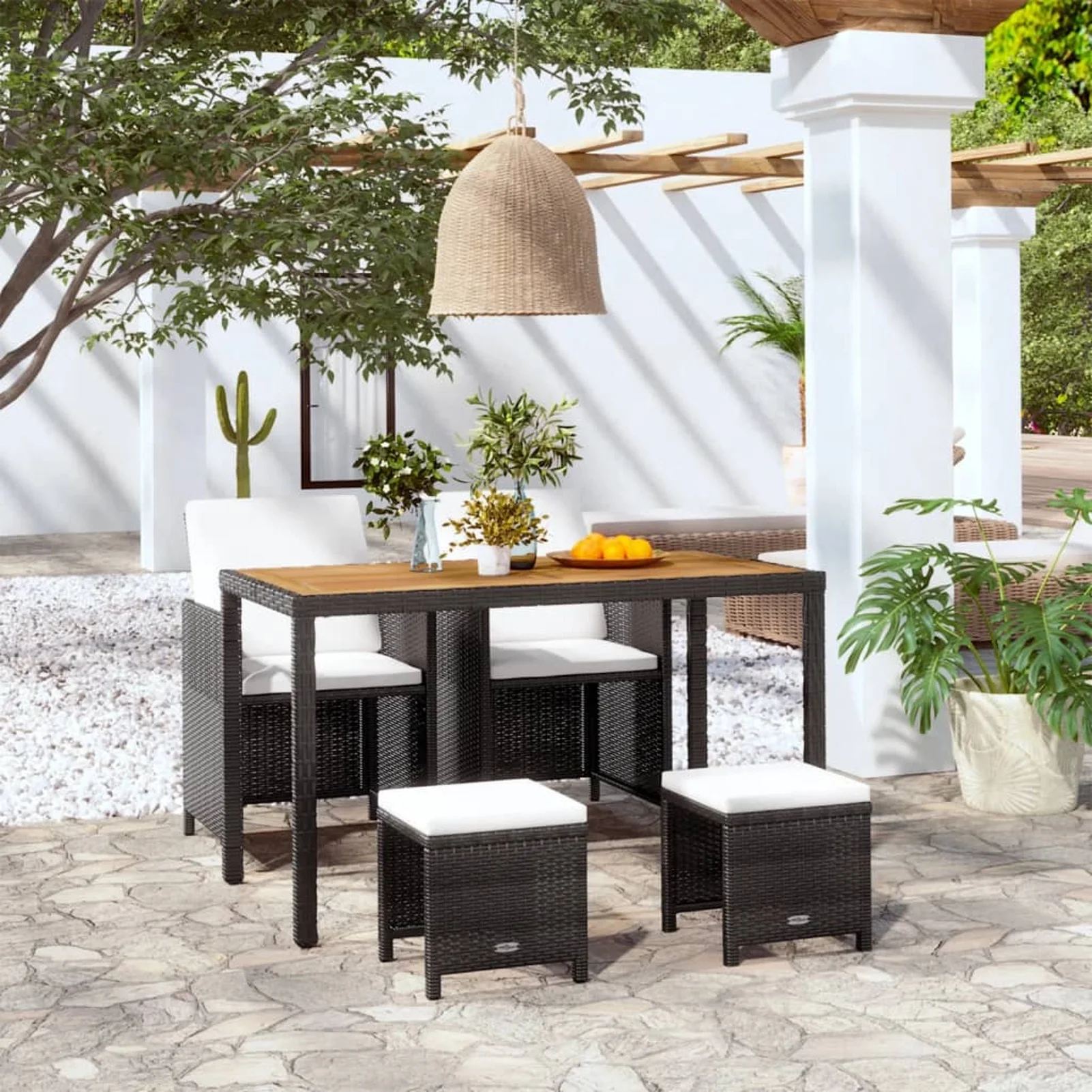 Carevas 5 Piece Patio Dining Set Poly Rattan and Acacia Wood Black
