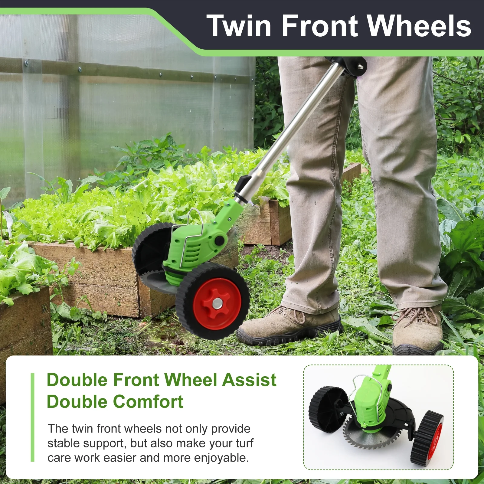 800W Weed Lawn Edger, Battery Weed Eater with Wheels, Weed Wacker Electric, Cordless Grass Trimmer Cutting Tool & 2 Battery, Weed Trimmer for Yards Garden, Green