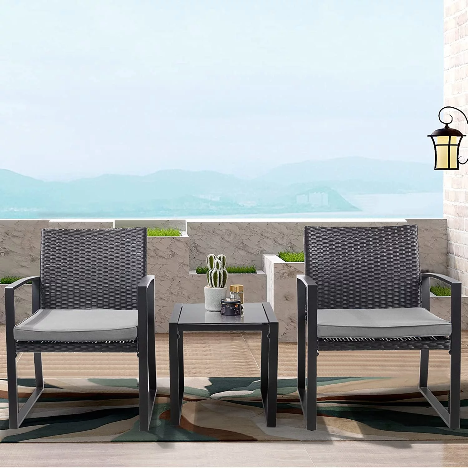 3 Pieces Patio  Set Outdoor Wicker Conversation Set Modern Bistro Set Black Rattan Balcony Chair Sets with Coffee Table for Yard and Bistro(Grey)