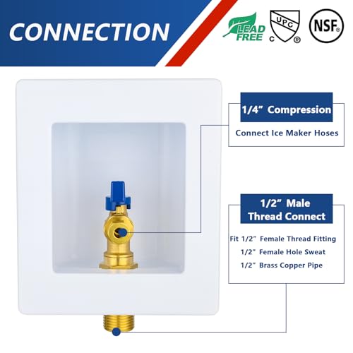 Ice Maker Outlet Box,1/2 Inch Sweat (MIP) Inlet and 1/4 Inch OD Compression Outlet Connection, Icemaker Box with Installed 1/4-Turn Ball Valve