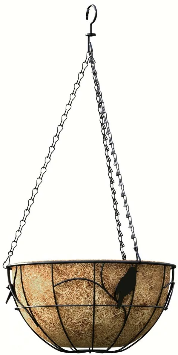 Panacea Products Metal Hanging Basket with Coco Liner, Bird Theme, Black 14