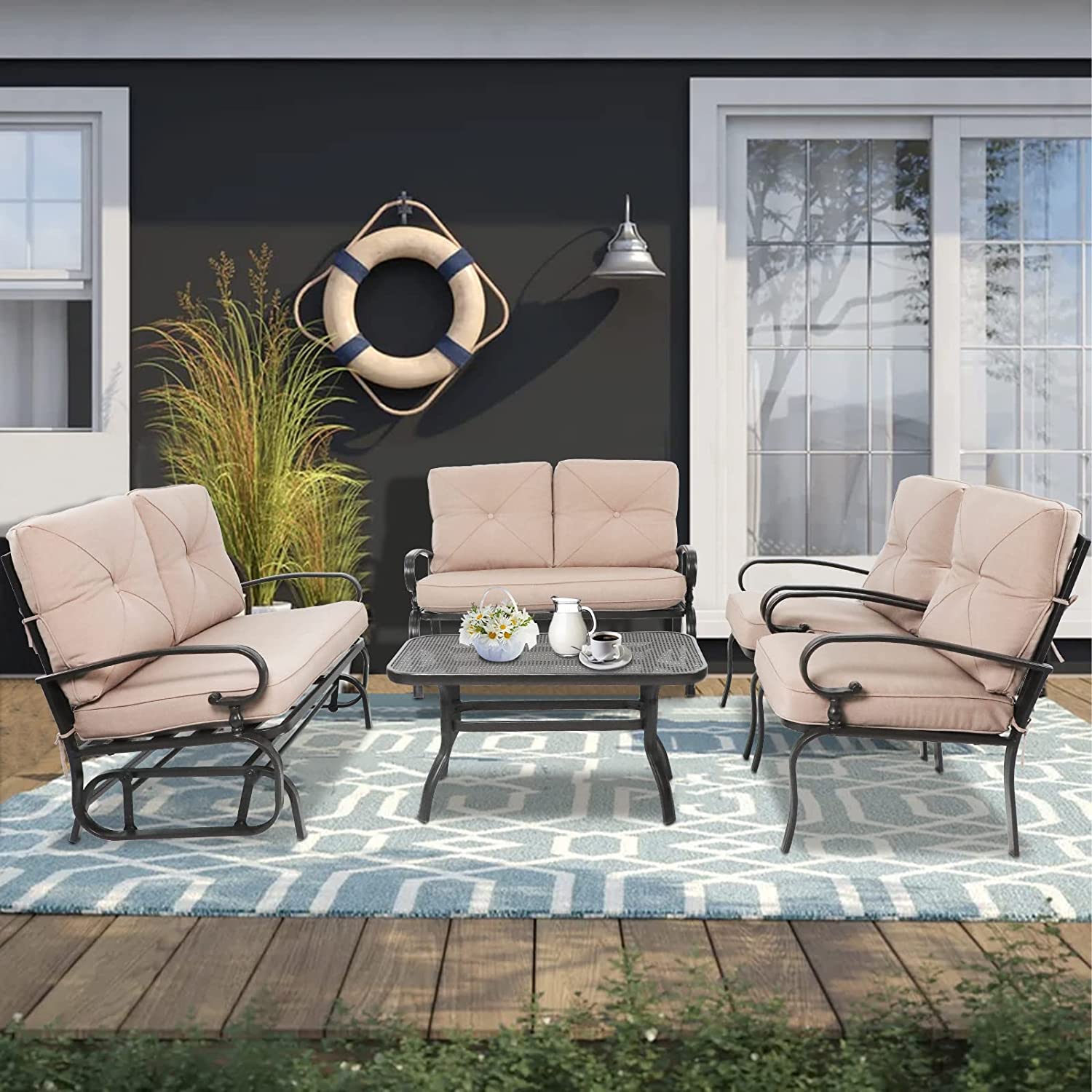 Dina 5-Piece Outdoor Metal Furniture Sets Patio Conversation Set Wrought Iron Glider  2 Single Chairs  Loveseat and Coffee Table  Peacock Blue