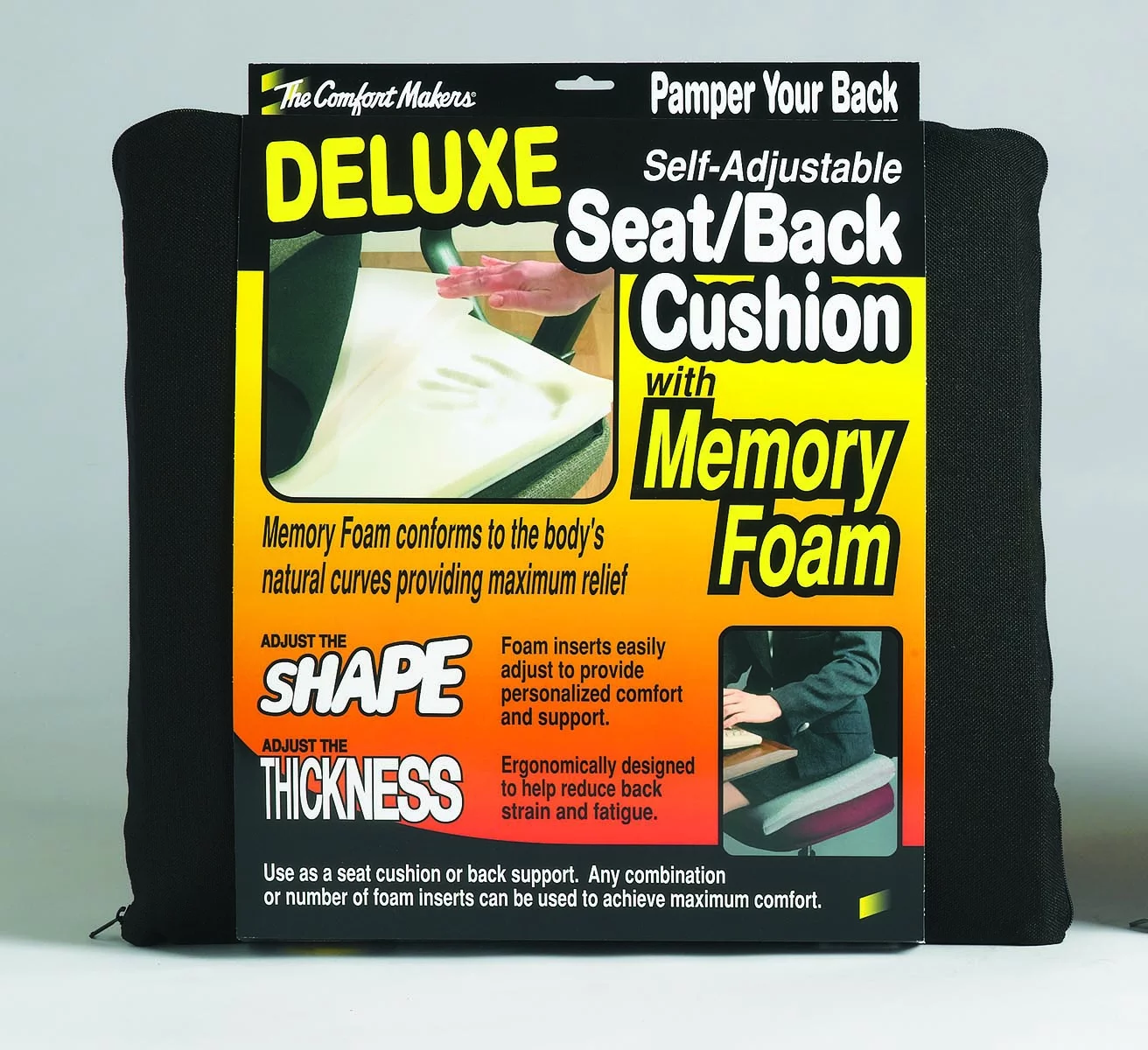 The ComfortMakers® Seat/Back Cushion, Deluxe, Adjustable, Black, 1/Each