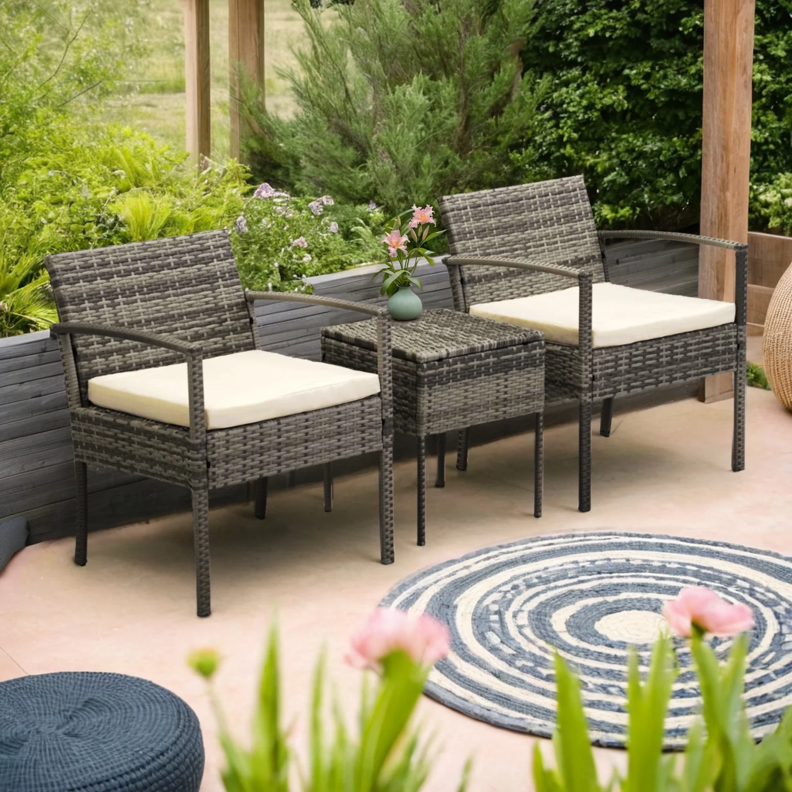 3 Pieces PE Wicker Chairs with Table, Patio Porch Furniture Sets Outdoor Garden Furniture Sets with Washable Cushions, Gray