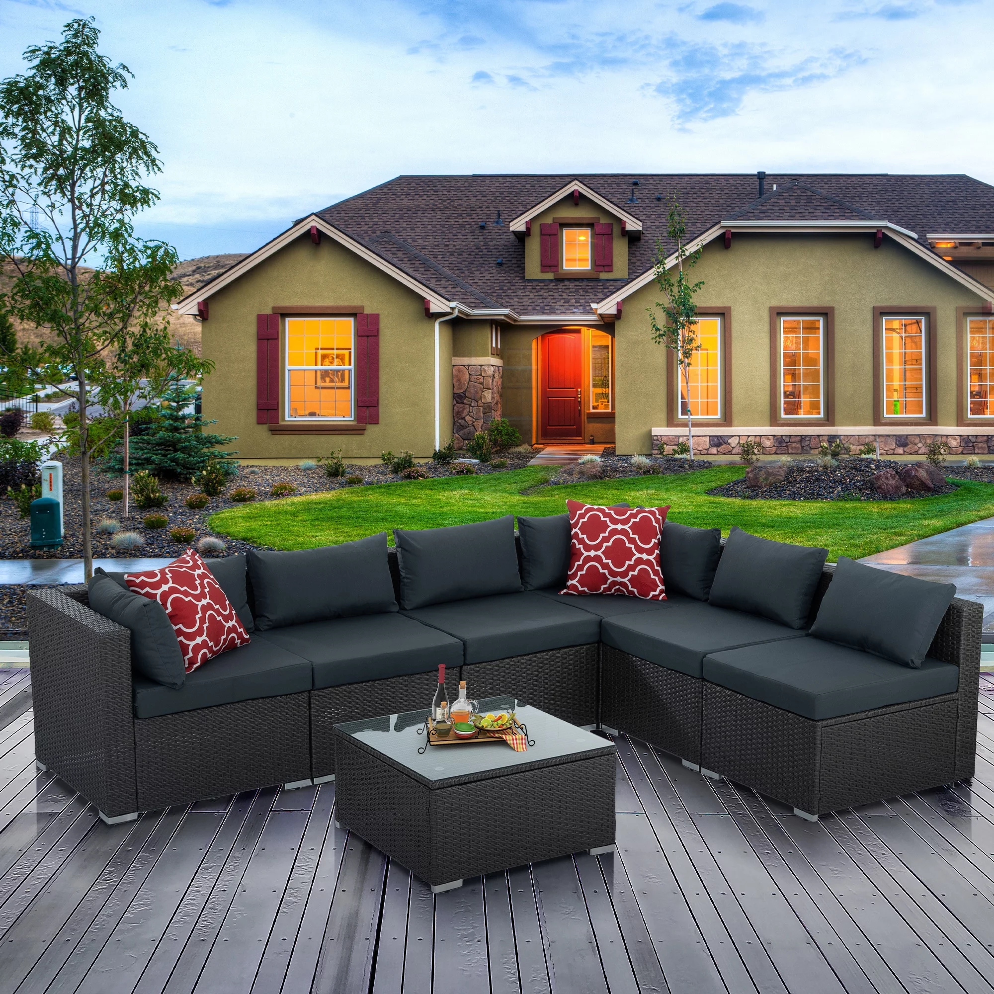 Highsound 7 Pieces Outdoor Patio Conversation Sofa Set, UV-resistant PE Wicker Rattan Seating Groups With Tempered Glass Top Coffee Table and Thick Cushions, Dark Gray