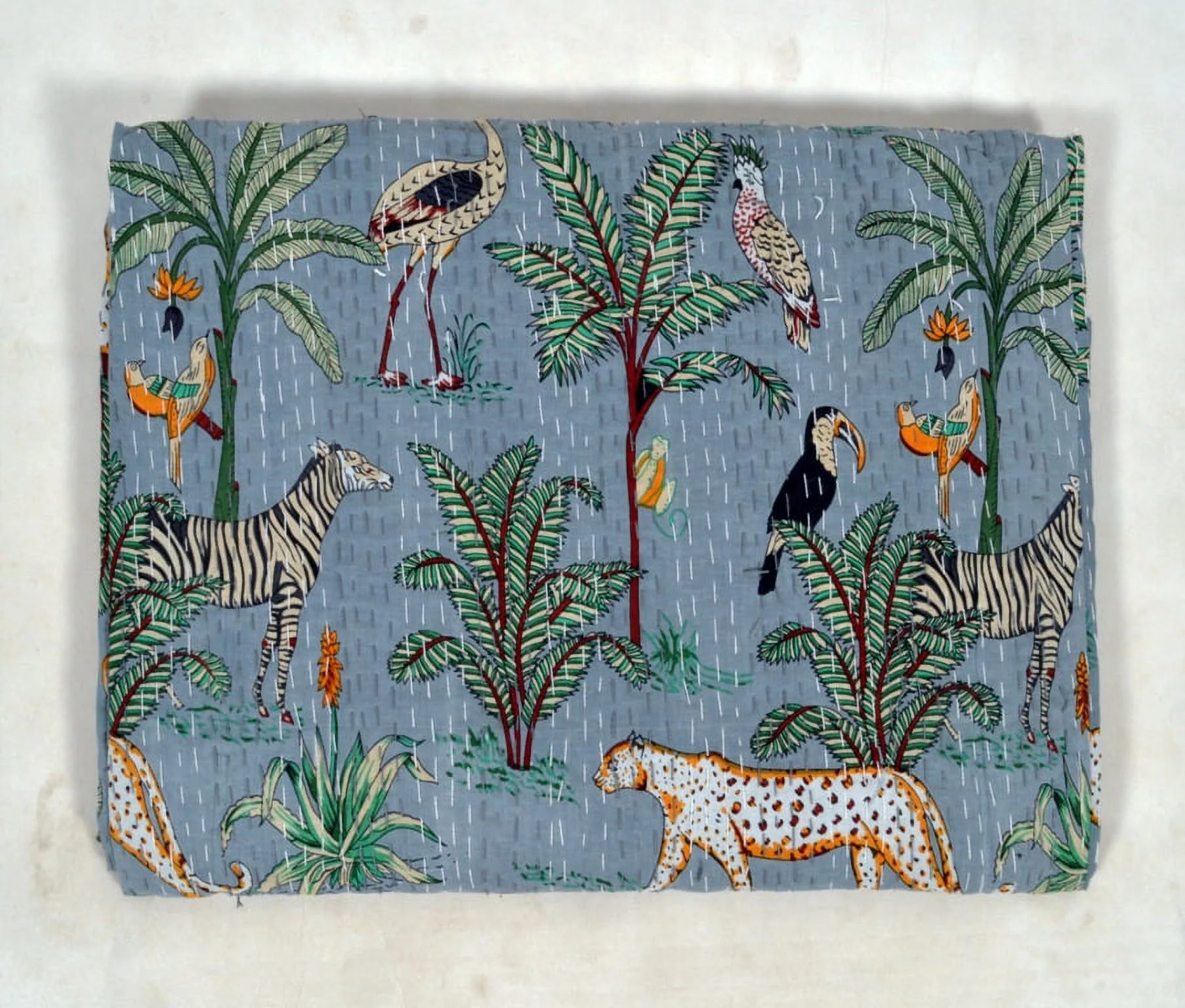 Indian Block Print Queen Size Kantha Quilt Handmade Throw Reversible Blanket Jungle Print Grey Colour