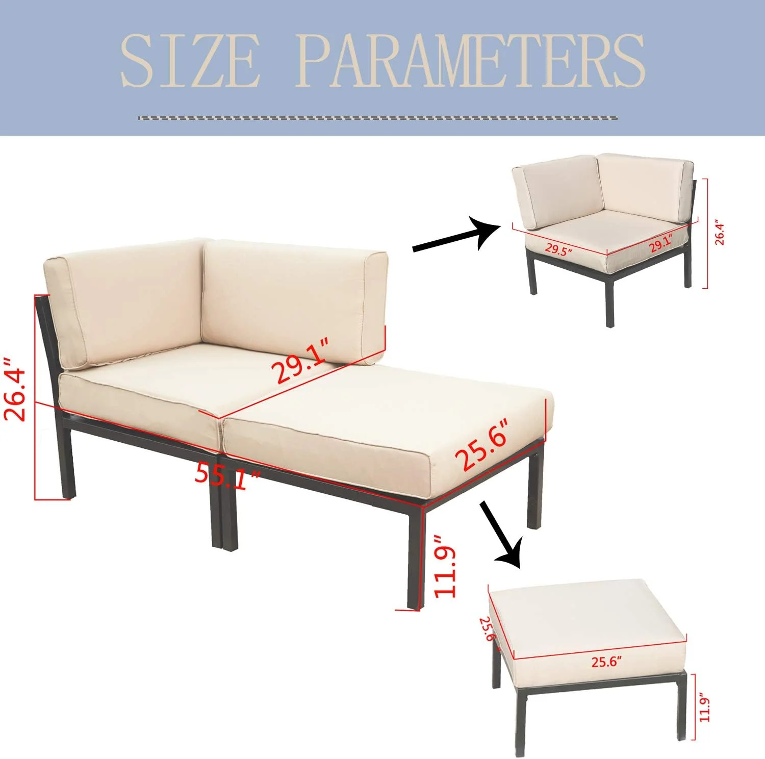 2 Piece Patio Furniture Set Sectional Balcony Corner Outdoor Loveseat Couch Armchiar Sofa with Ottoman Metal Steel Frame,