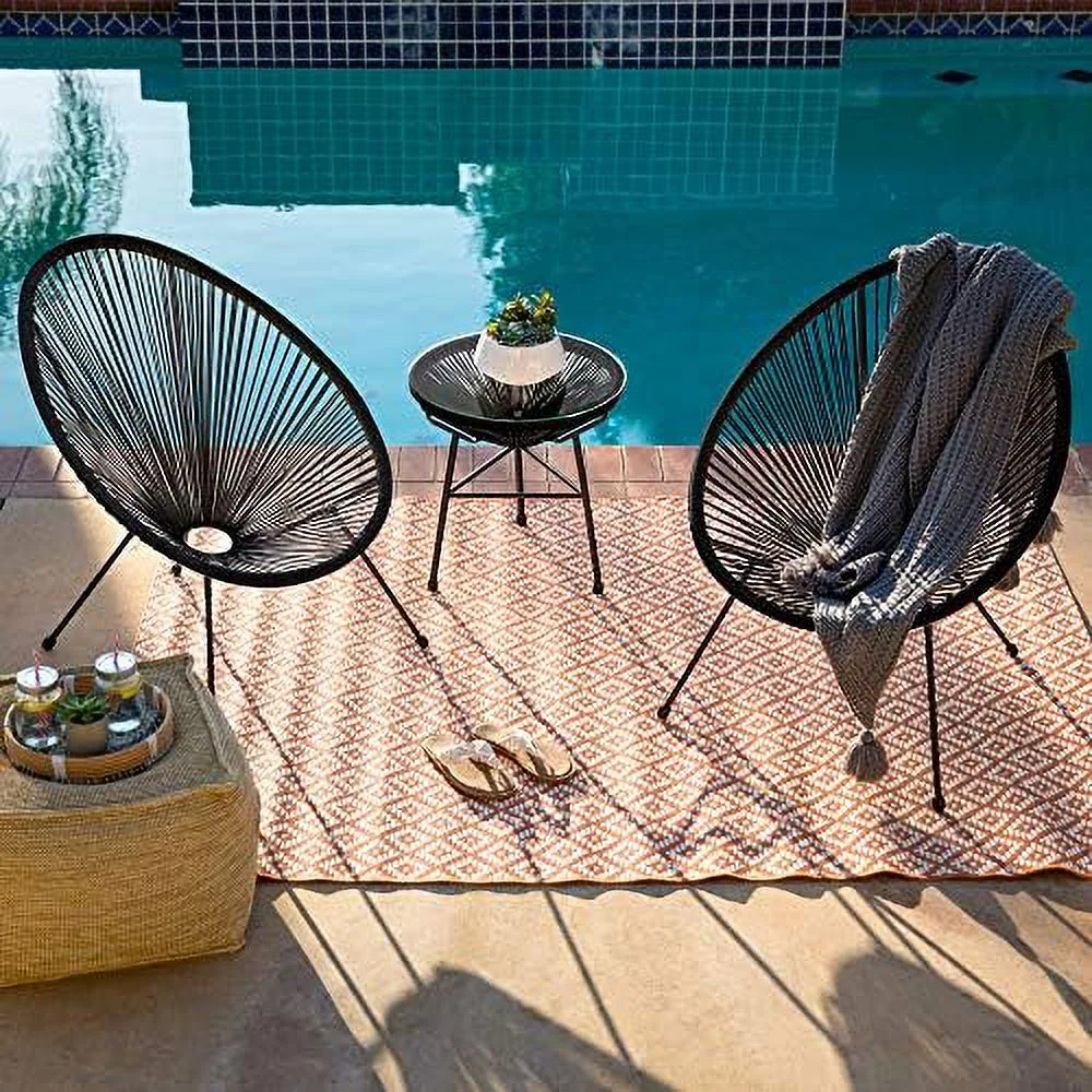 GFVCNIO 3-Piece Outdoor Acapulco All-Weather Patio Conversation  w/Plastic Rope  Glass Top Table and 2 Chairs - Black