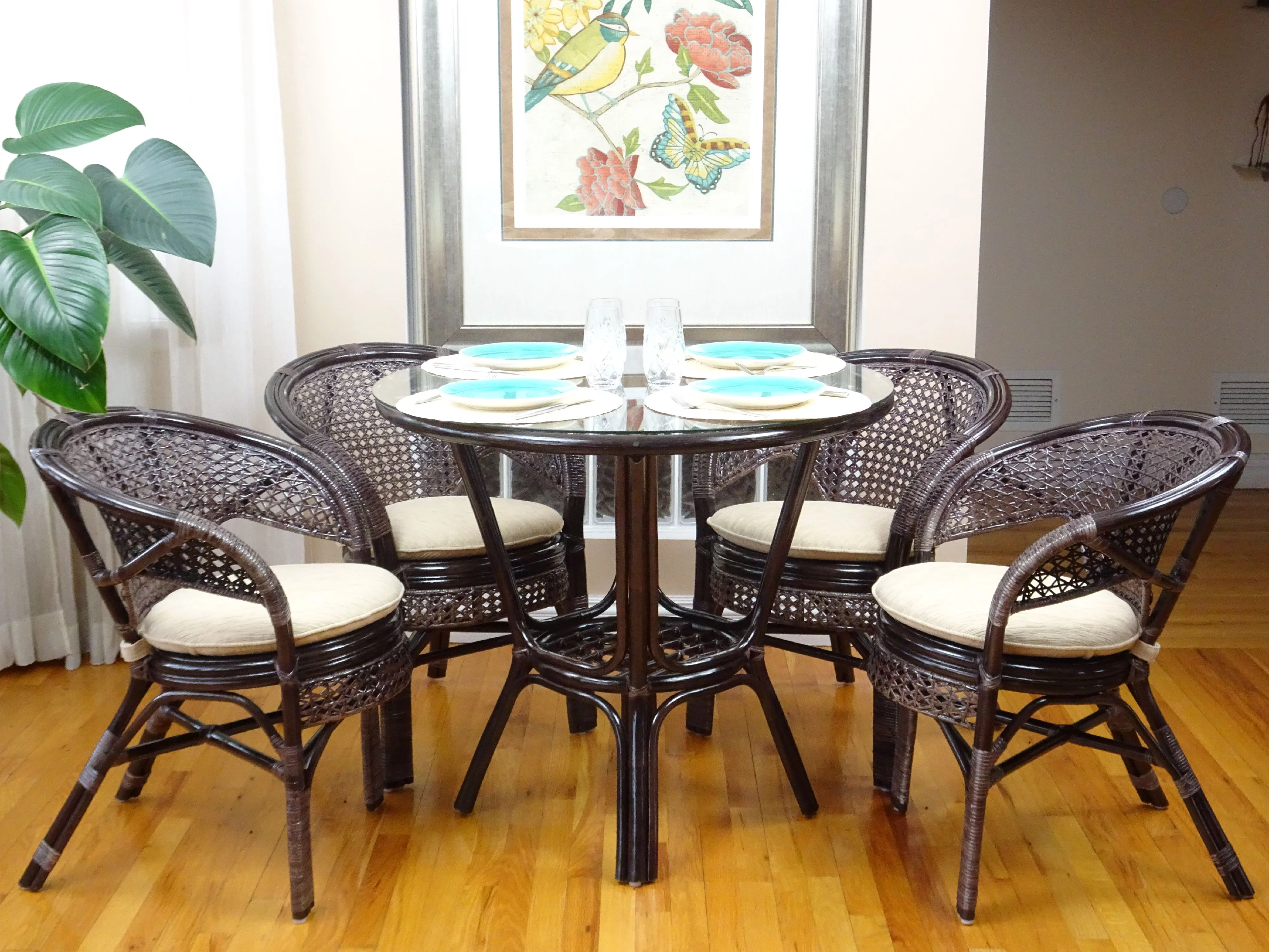 Set of 4 Pelangi Natural Rattan Wicker Dining Armchairs Handmade Design, Dark Brown