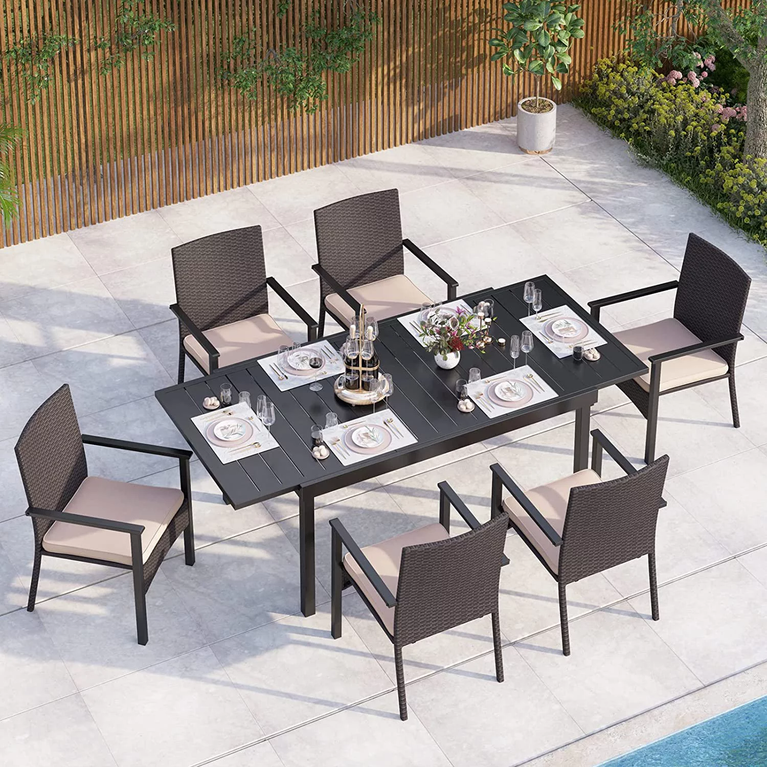 Outdoor Patio Dining Set 9 PCS Patio Furniture Set with Extendable Metal Table and 8 Rattan Wicker Chairs Beige Cushion