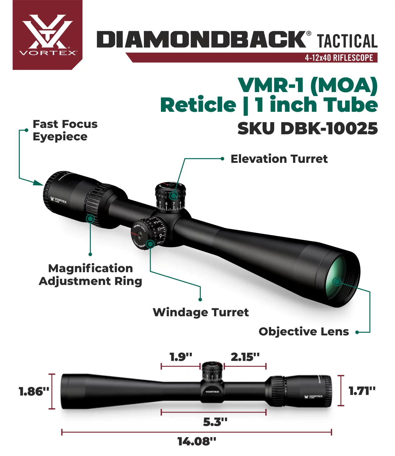 Vortex Optics Diamondback 4-12x 40  VMR-1 MOA Riflescope with Free Hat