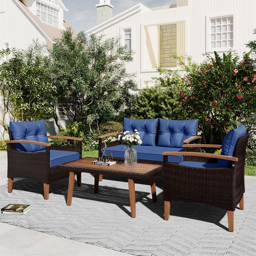 4-Piece Patio Furniture Set Outdoor Wood Patio Conversation Sofa Set, All Weather PE Rattan Sofa Set with Table & Cushions for Deck, Balcony, Backyard, Blue