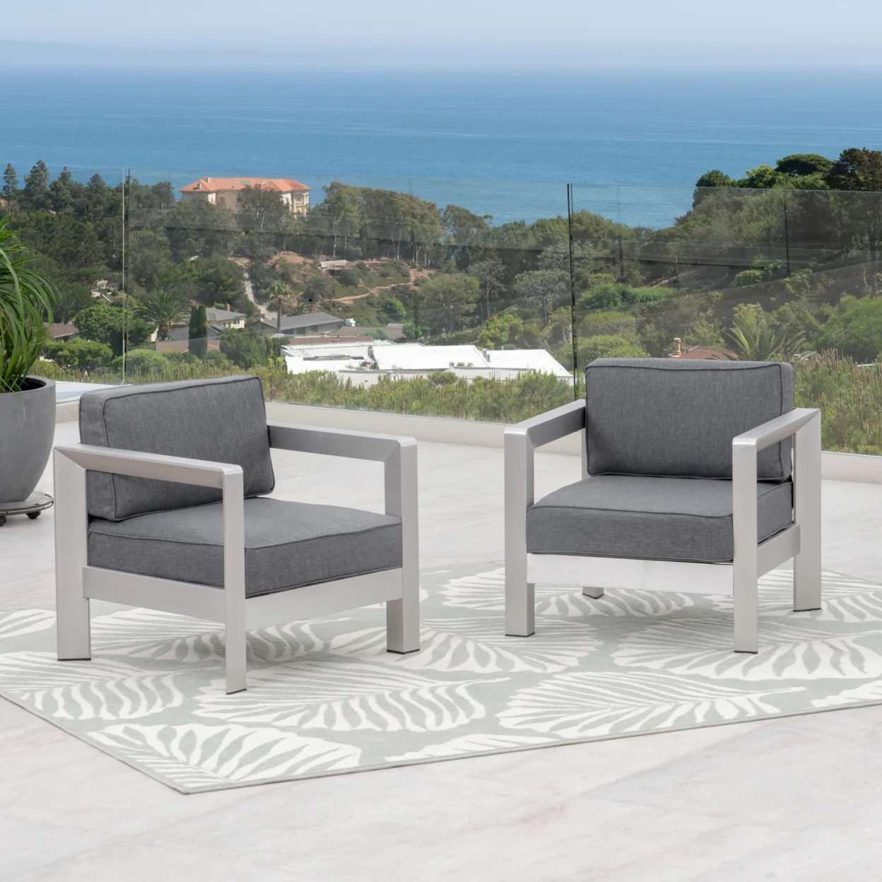 GDF Studio Alec Outdoor Aluminum Club Chairs with Cushions, Set of 4, Silver and Gray