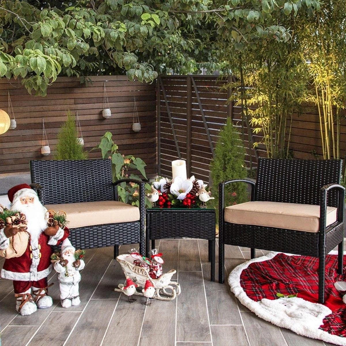 JYHOME 3 Pieces Bistro Chair Set w/Glass Table Black Outdoor Patio  Wicker Rattan Modern Conversation Chat Seating