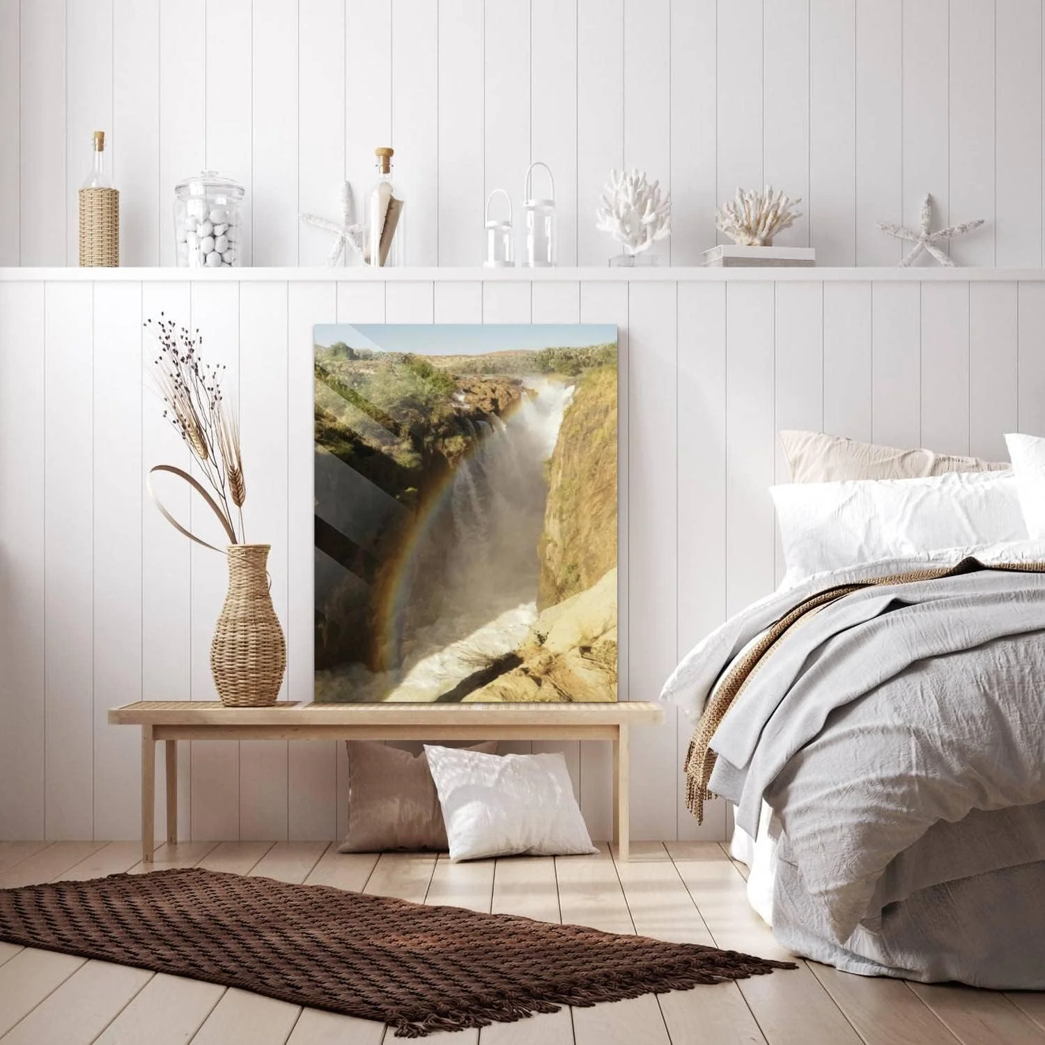 HelloGlass Tempered Glass Wall Art Decor Epupa Falls Waterfall with Baobab trees at the border of Namibia and Prints On Glass Paingting Modern Artworks For Living Room Bedroom Office 12x8inch