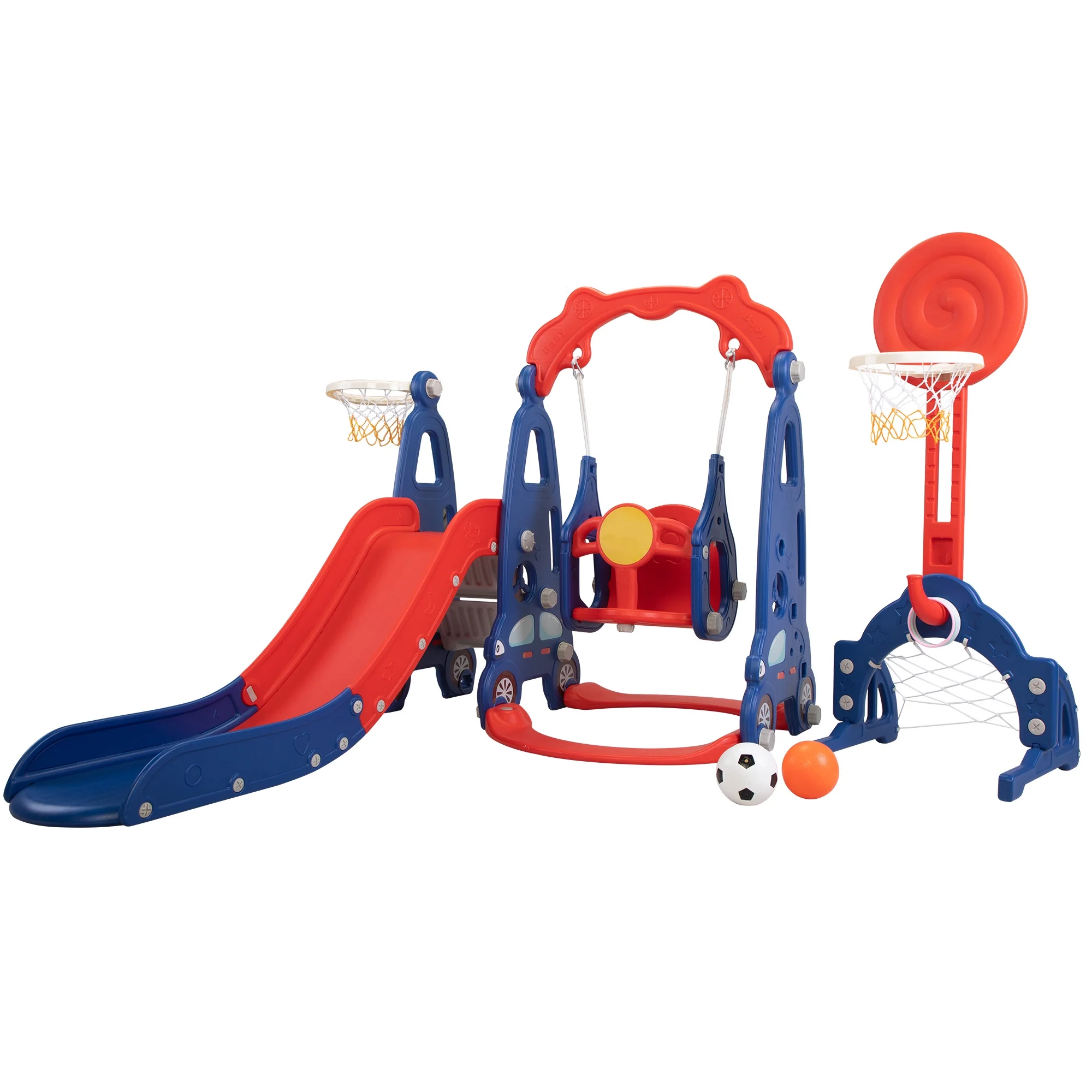 Toddler Swing and Slide Set, Indoor Slide for Toddlers,Outdoor Playset Backyard Set with Basketball Hoops,Football,Ringtoss,5-in-1 Kids Double Slide Age 2+(Blue+Red)