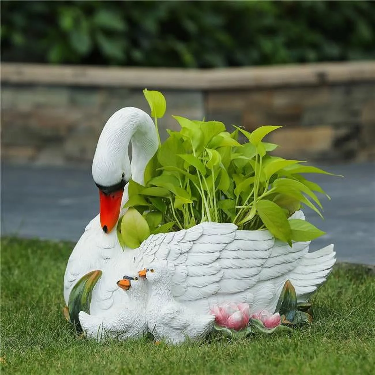 LuxenHome White Resin Swan Family Planter