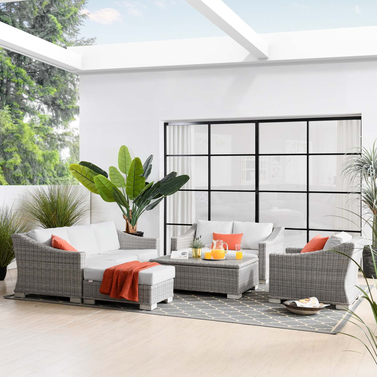 Lounge Sectional Sofa Chair Set, Rattan, Wicker, Light Grey Gray White, Modern Contemporary Urban Design, Outdoor Patio Balcony Cafe Bistro Garden Furniture Hotel Hospitality