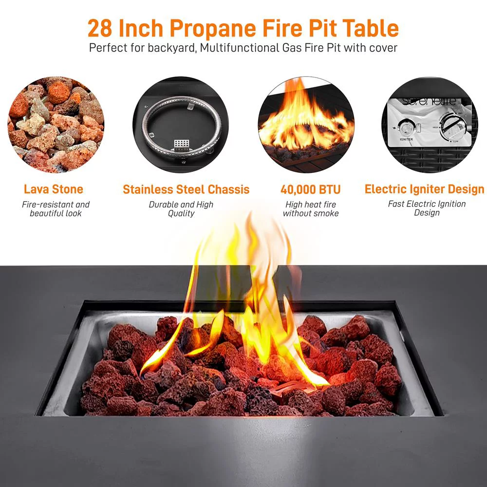 SereneLife 40,000 BTU Propane Gas Ignition Patio Fire Pit Table w/ Cover
