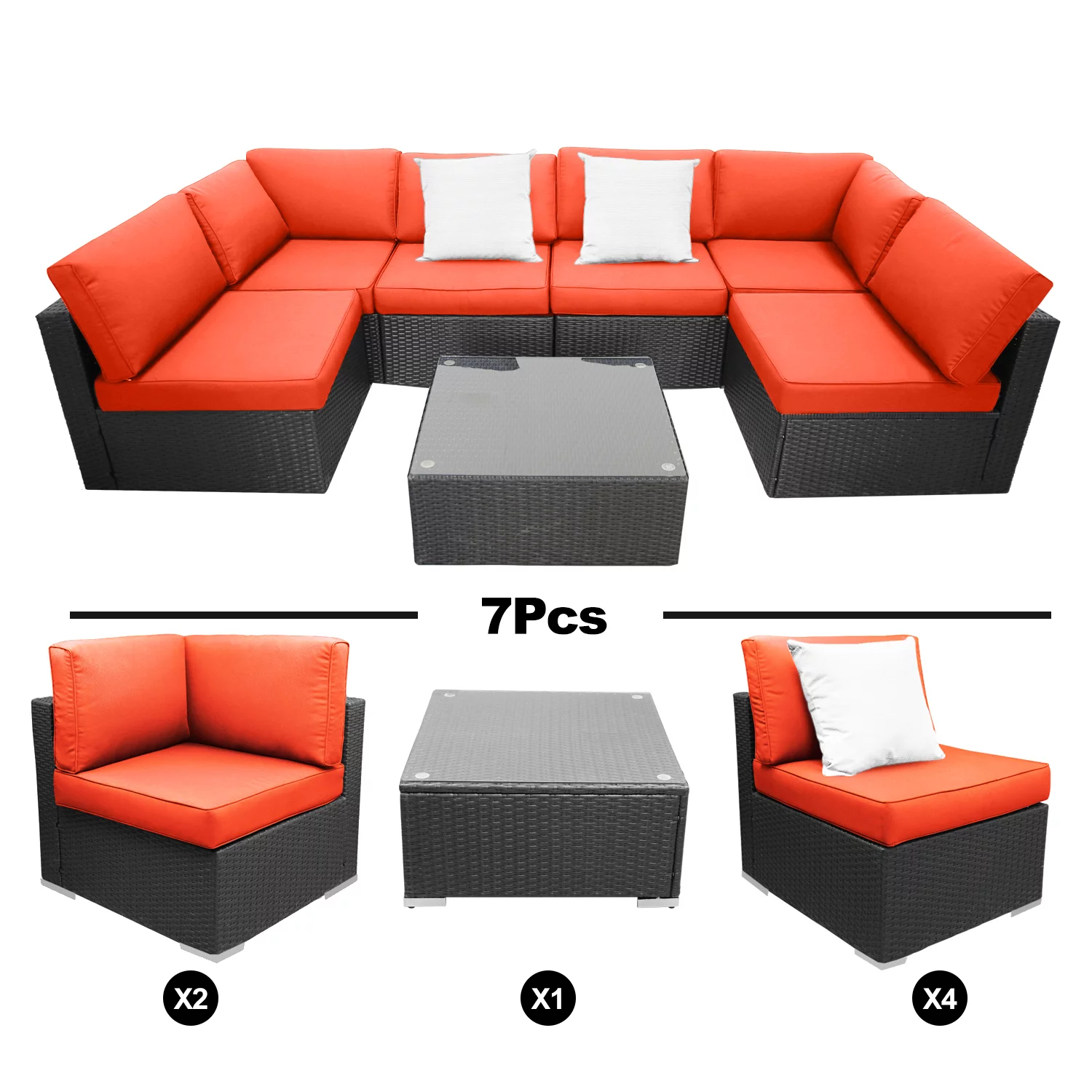 Outdoor Garden Terrace Orange Sofa Set of 7, PE Rattan and Small Yard Recreational Conversation Set with Cushions from Excited Work