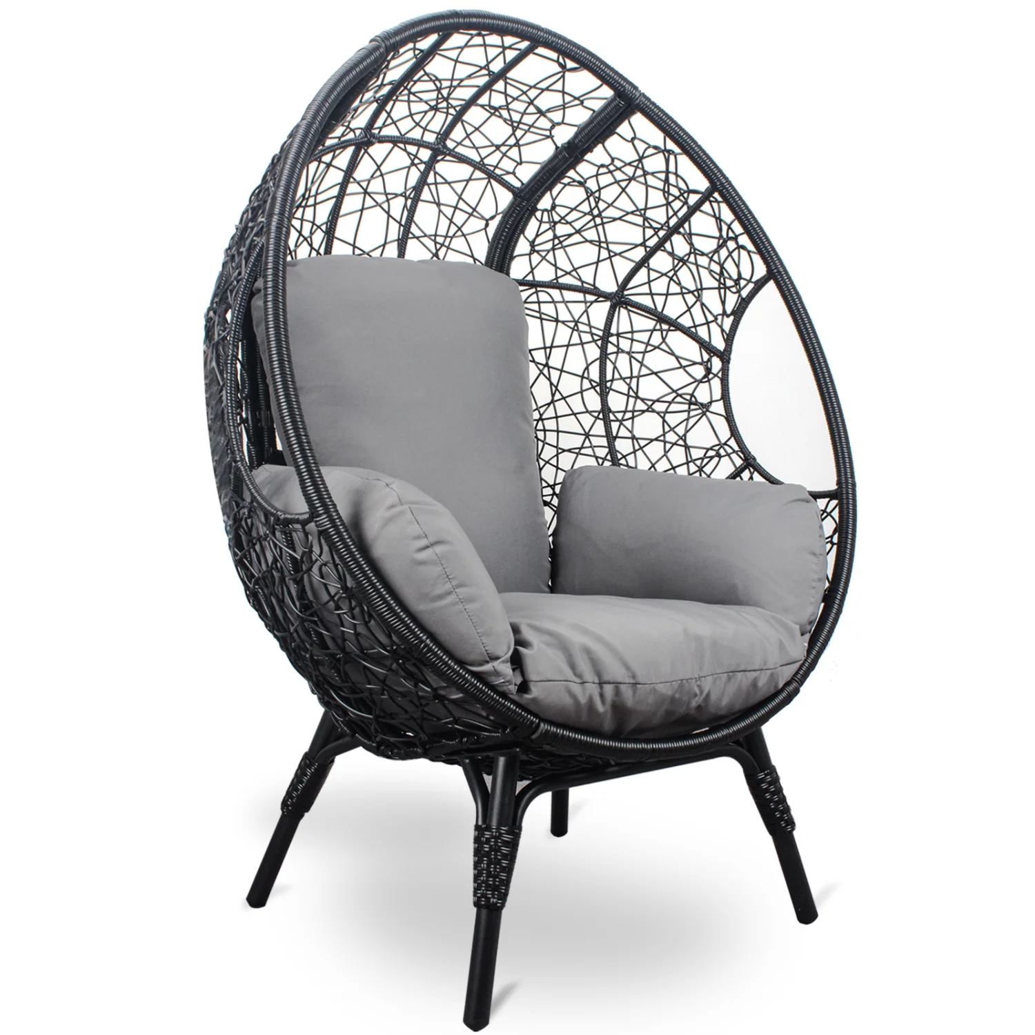 Elegant and comfortable black wicker patio egg chair with grey cushion - Model 3 for your stylish outdoor relaxation needs
