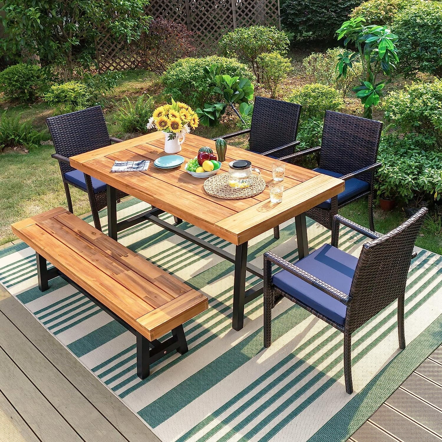 & William 6 Pieces Patio Dining Set for 6  4 PE Rattan Chairs and 1 Rectangular Acacia Wood Table and 1 Bench  Outside Table and Chairs with Cushions  Outdoor Furniture for Decker Yar