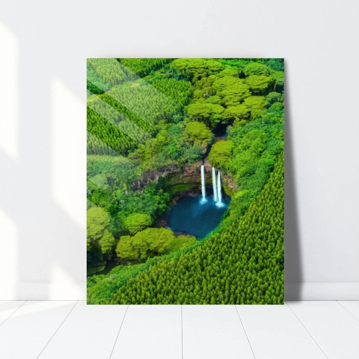 HelloGlass Tempered Glass Wall Art Decor Aerial view of Wailua Waterfalls in Hawai Prints On Glass Paingting Picture Modern Artworks For Living Room Bedroom Office 12x8inch