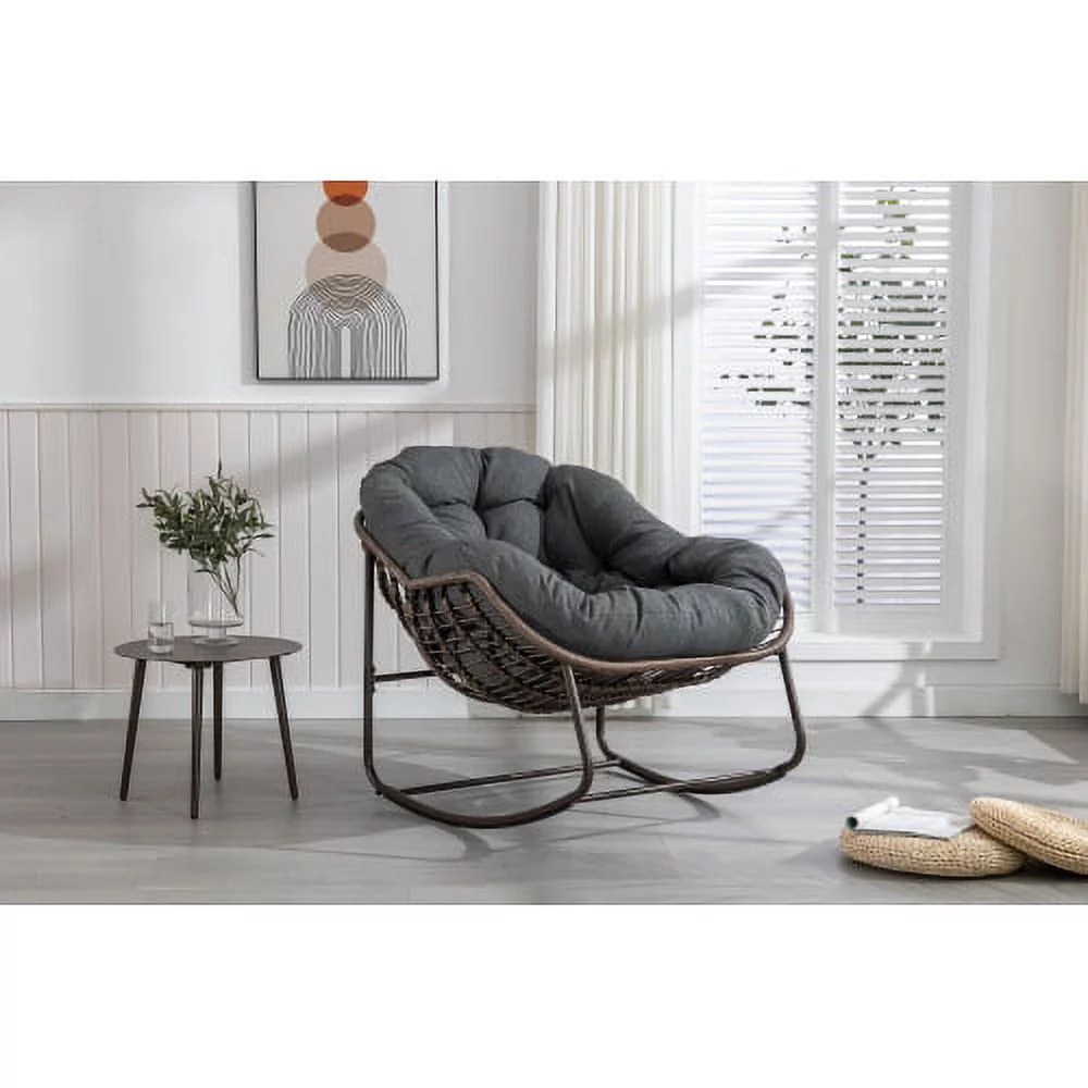Outdoor Padded Rocking Chair - Rattan Recliner with Grey Cushion for Porch, Living Room, Patio, Garden