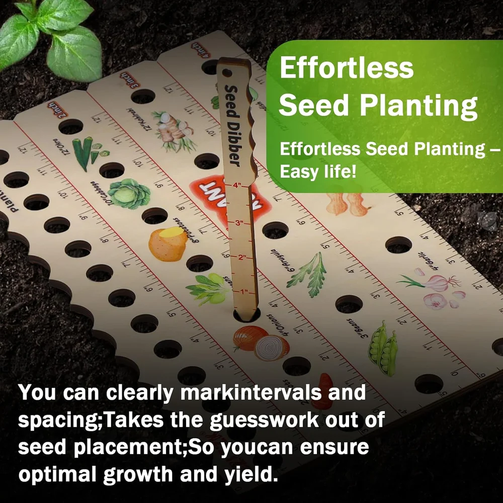 Wooden Plant Ruler with Seed Dibber. Multifunction Seed Spacing Ruler with Plant