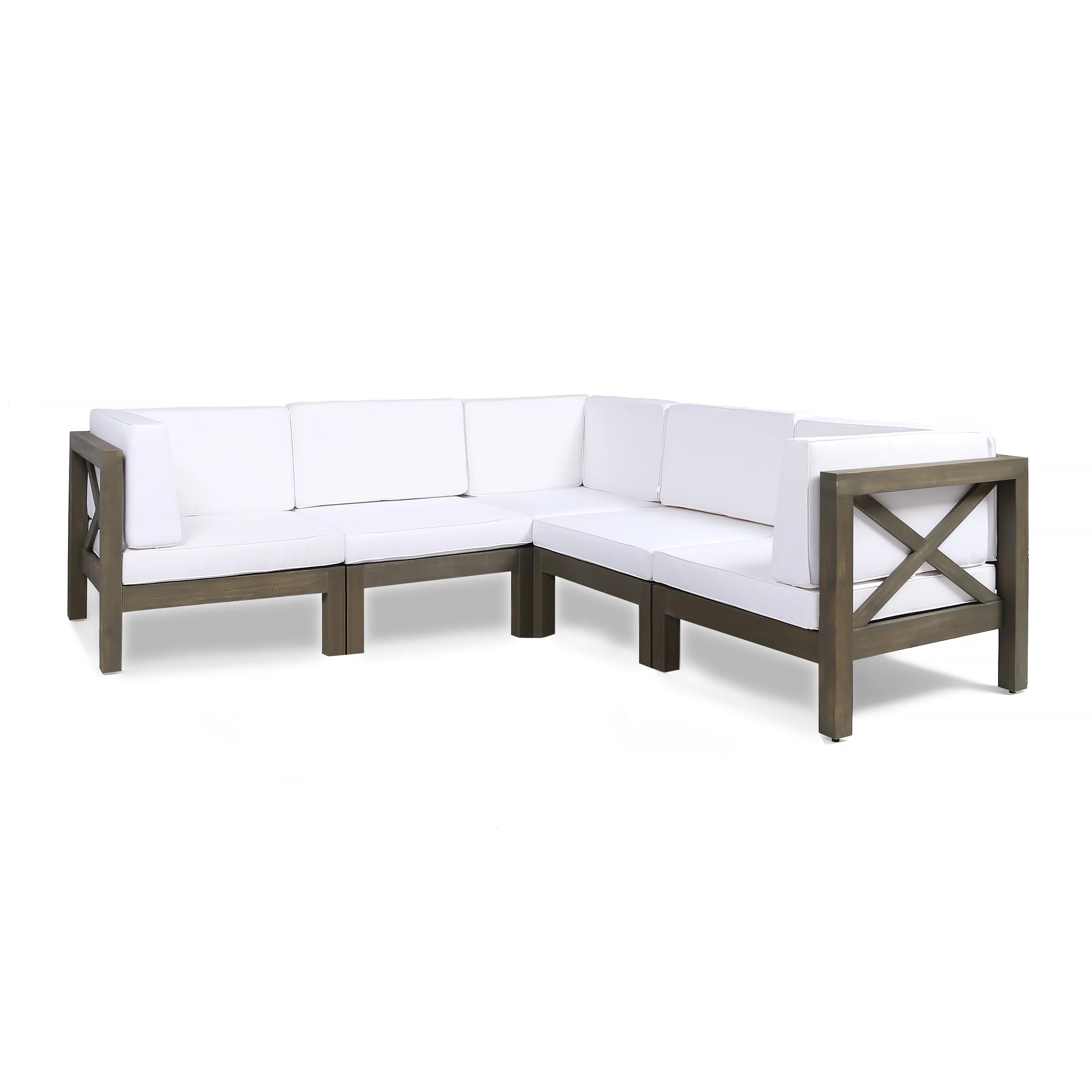 Christopher Knight Home Brava Outdoor 5-Seat Acacia Wood Sofa Set by  gray  + white cushion