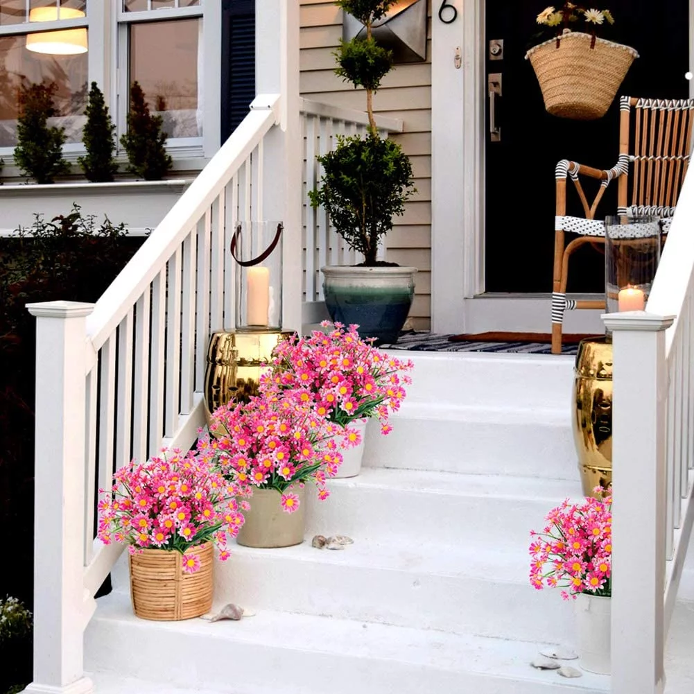 Baumaty 8 Bundles Artificial Flowers, Fake Outdoor UV Resistant Boxwood Shrubs Plants, Lifelike Plastic Flowers for Indoor Outdoors Home Office Garden Wedding Table Decor (Pink)