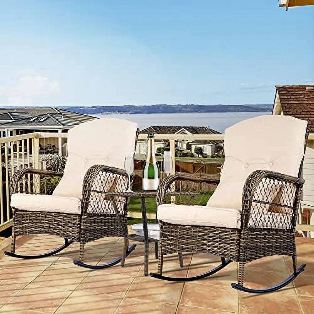 HBLUKDL Wicker Rocking Chairs   Rattan Patio Rocking Chairs  All-Weather Rocking Lawn Wicker  for Porch Deck Garden Backyard(Red)