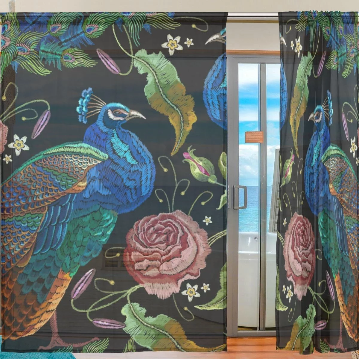 Hidove Floral Peacocks Flowers Peonies Semi Sheer Curtains Window Voile Drapes Panels Treatment-55x78in for Living Room Bedroom Kids Room, 2 Pieces