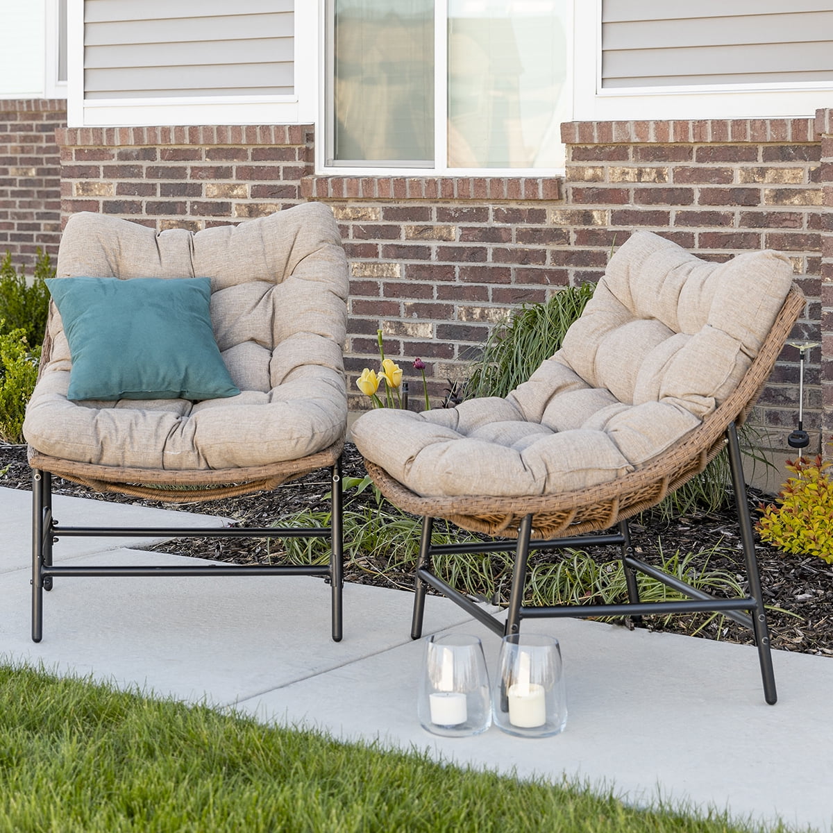 Set of 2,Functional Contour Design with Maximum Comfort,Durable But Lightweight,UV Protection and Waterproof,Mixed Material,Coastal Scooped Outdoor Patio Chairs with Cushions - Natural