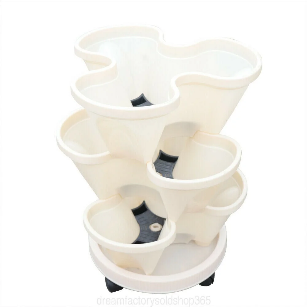 Miumaeov 6 Tier Vertical Garden Tower Plastic Milky Fit Plant Flower Veg Pots Stack