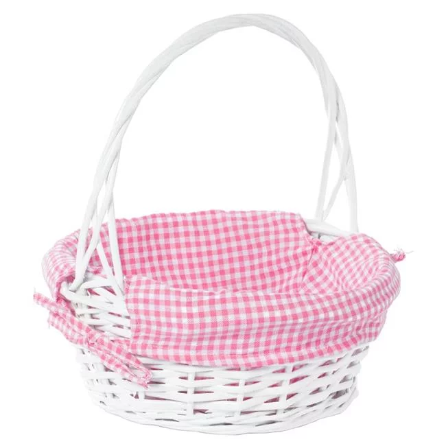 Vintiquewise  11.25 x 13 in. Round Willow Gift Basket with Pink Gingham Liner & Handle, White - Small