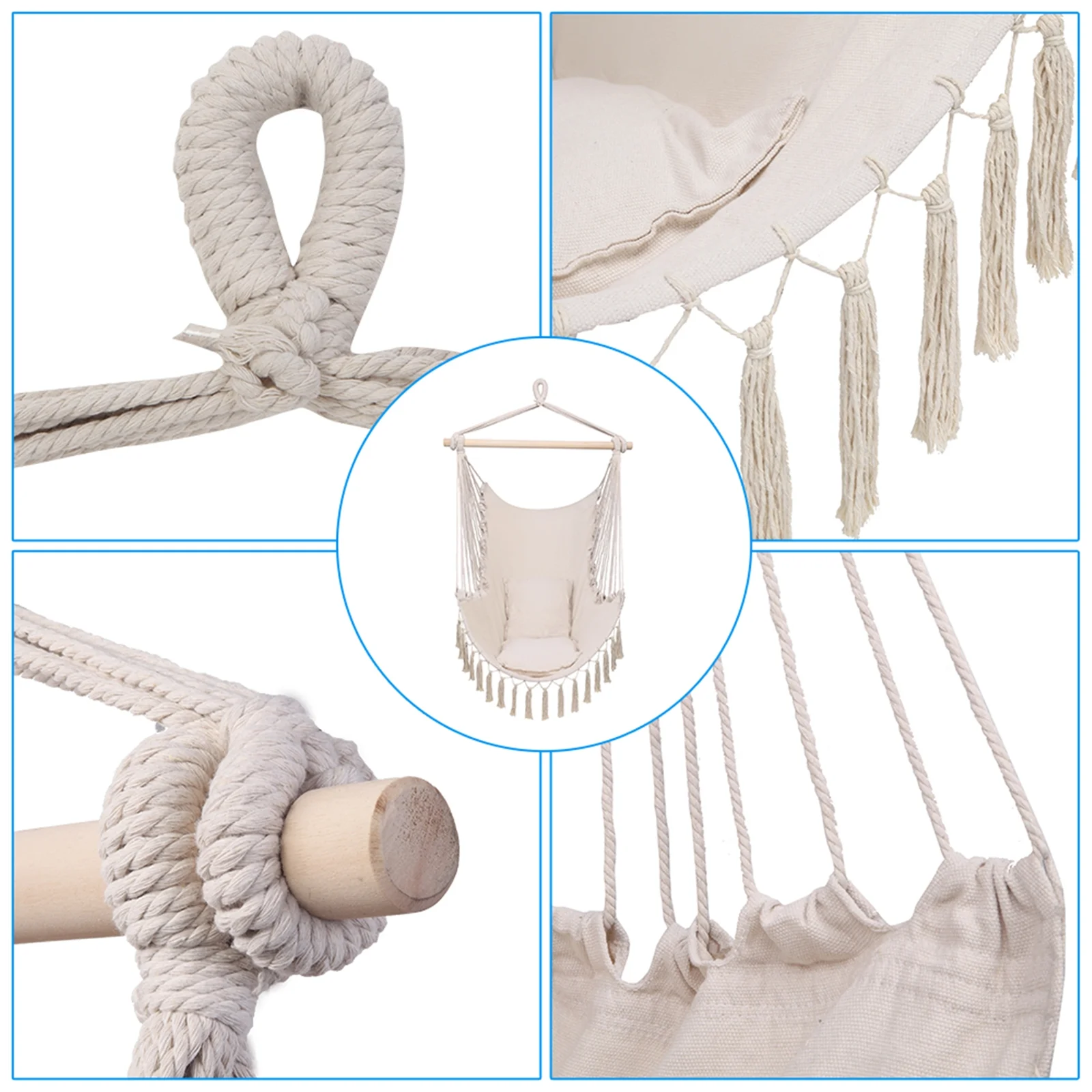 YeekTok Unique Cotton Canvas Sling Chair with Pillow Tassel Hanging Chair Beige